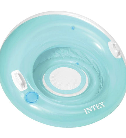 Six Intex inflatable pool chairs, circular design, 119 cm diameter, ideal for outdoor pool relaxation and play.