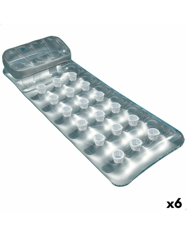 Six silver inflatable mattresses by Intex, 188 x 30 x 71 cm, shown stacked and inflated for outdoor play and relaxation.