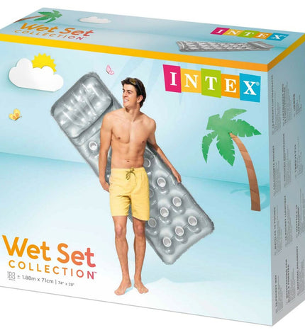 Six silver inflatable mattresses by Intex, 188 x 30 x 71 cm, designed for outdoor play and water games.