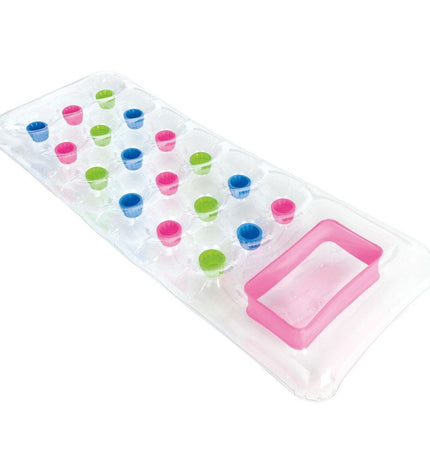Intex transparent inflatable mattress with 18 glass design, measuring 188 x 17 x 71 cm, suitable for toys, games, and outdoor use.