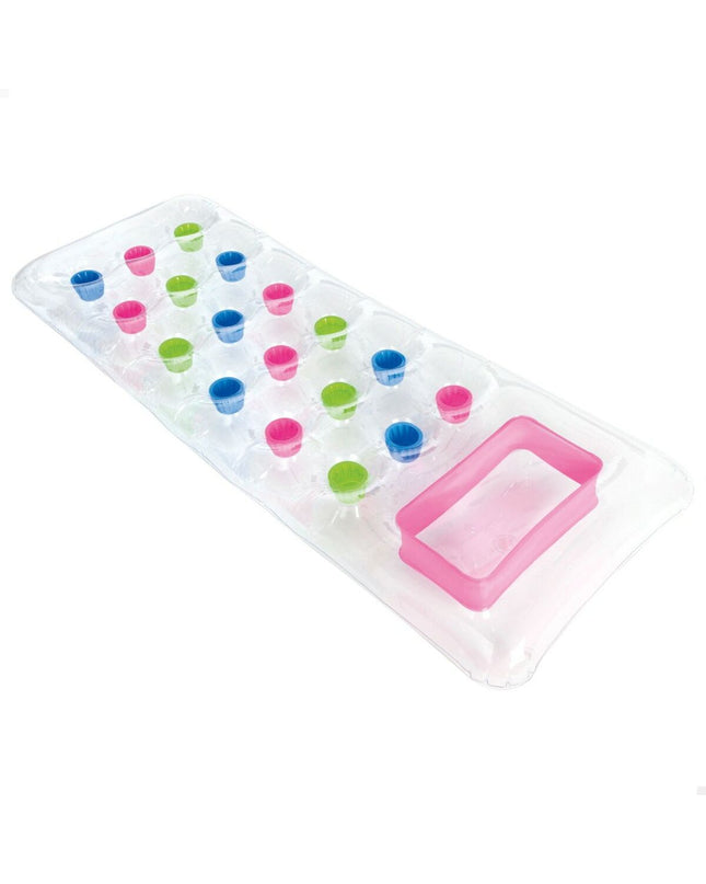 Intex transparent inflatable mattress with 18 glass design, measuring 188 x 17 x 71 cm, suitable for toys, games, and outdoor use.