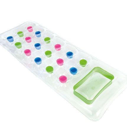 Transparent Intex inflatable mattress with 18 glass design, measuring 188 x 17 x 71 cm, suitable for outdoor and play activities.