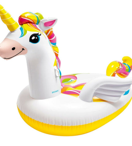 Two inflatable unicorn islands by Intex, measuring 163 x 251 x 145 cm, shown as colorful floating toys for outdoor fun.