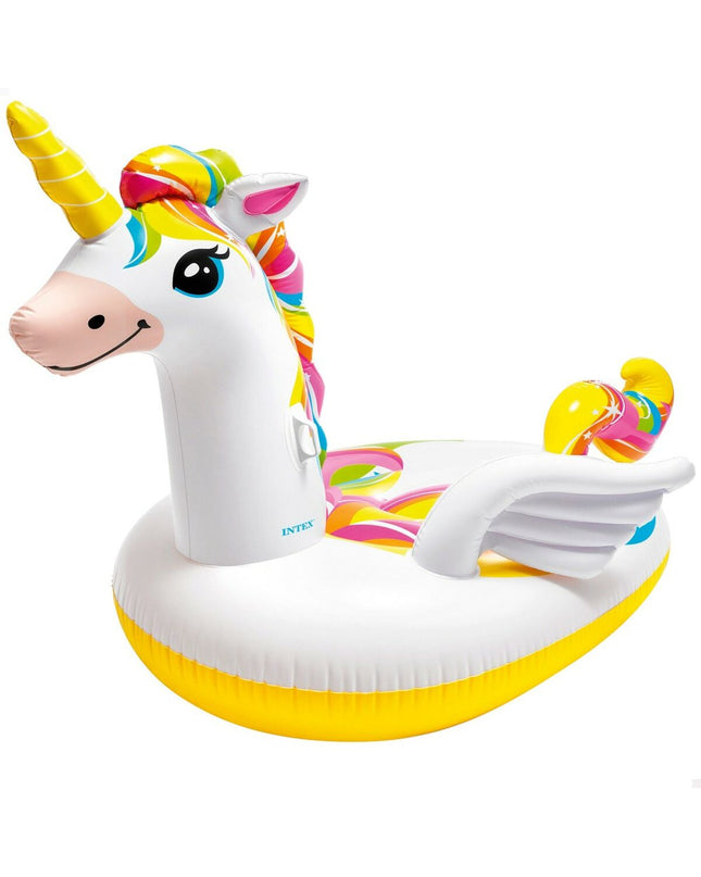 Two inflatable unicorn islands by Intex, measuring 163 x 251 x 145 cm, shown as colorful floating toys for outdoor fun.