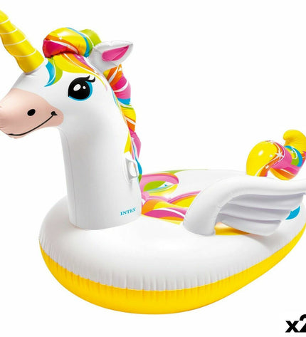 Two Intex inflatable unicorn islands measuring 163x251x145 cm, ideal for outdoor play and water fun.