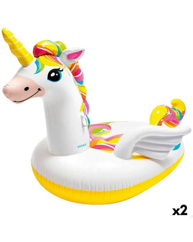 Two Intex inflatable unicorn islands measuring 163x251x145 cm, ideal for outdoor play and water fun.