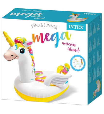 Two Intex inflatable unicorn islands, 163 x 251 x 145 cm, designed for outdoor water play and fun.