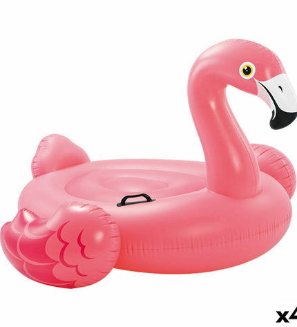 Set of four pink inflatable flamingos by Intex, measuring 14.7 x 9.4 x 14 cm, suitable for outdoor play and pool fun.