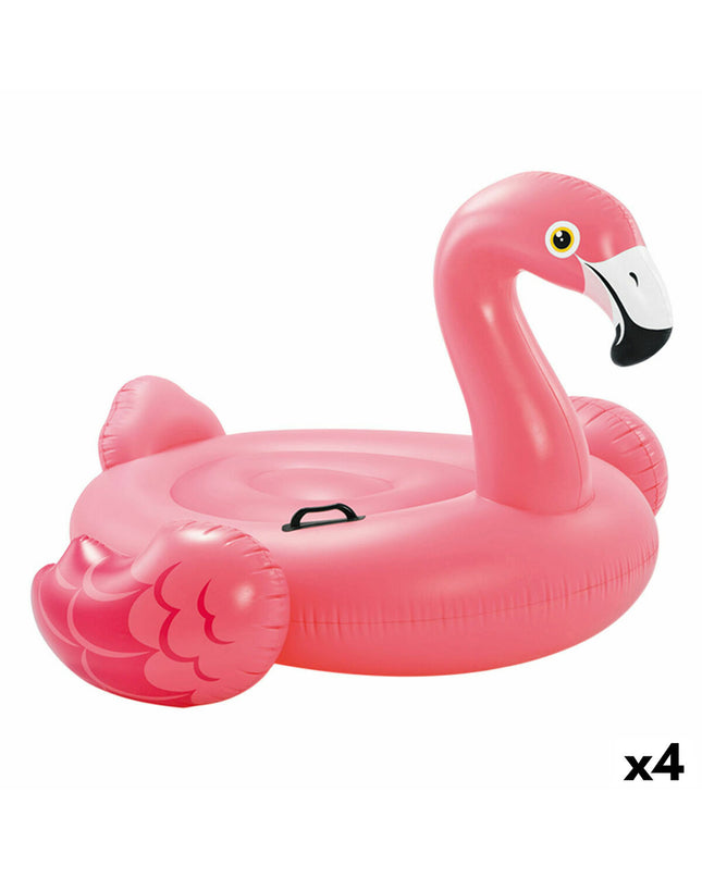 Set of four pink inflatable flamingos by Intex, measuring 14.7 x 9.4 x 14 cm, suitable for outdoor play and pool fun.