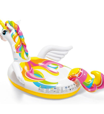 Four Intex inflatable unicorn mattresses, 201 x 97 x 140 cm, colorful and suited for outdoor play and relaxation.