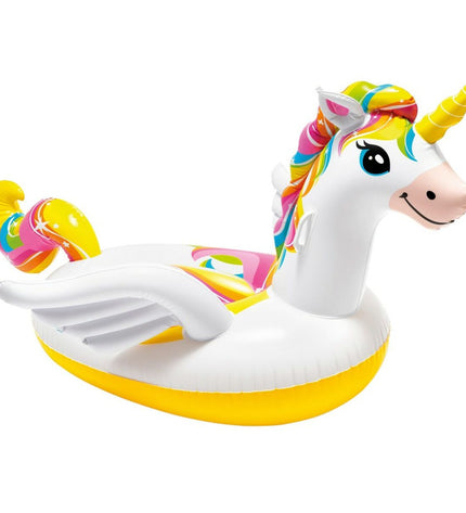 Four Intex inflatable unicorn mattresses in vibrant colors, measuring 201 x 97 x 140 cm, suitable for outdoor and play activities.