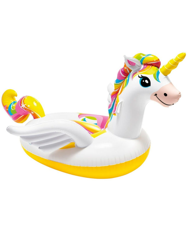 Four Intex inflatable unicorn mattresses in vibrant colors, measuring 201 x 97 x 140 cm, suitable for outdoor and play activities.