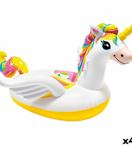 Four Intex inflatable unicorn mattresses, 201x97x140 cm, suitable for outdoor play and recreational use.