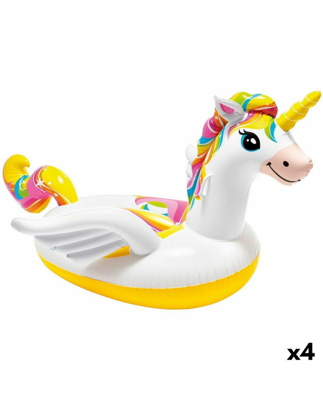 Four Intex inflatable unicorn mattresses, 201x97x140 cm, suitable for outdoor play and recreational use.