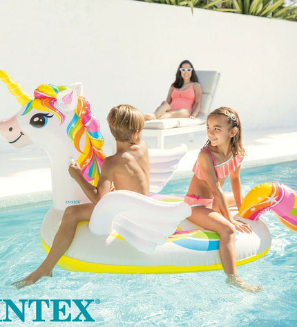 Four Intex unicorn inflatable air mattresses, each measuring 201 x 97 x 140 cm, designed for outdoor play and relaxation.