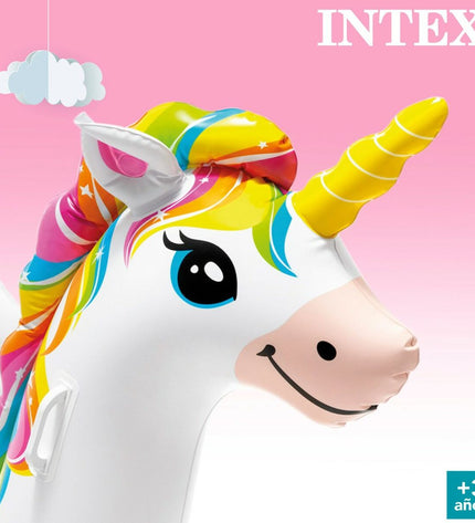 Four inflatable unicorn mattresses by Intex, measuring 201 x 97 x 140 cm, suitable for outdoor play and water activities.