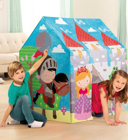 Intex children's playhouse castle set with six colorful inflatable castles, ideal for outdoor fun and imaginative play.