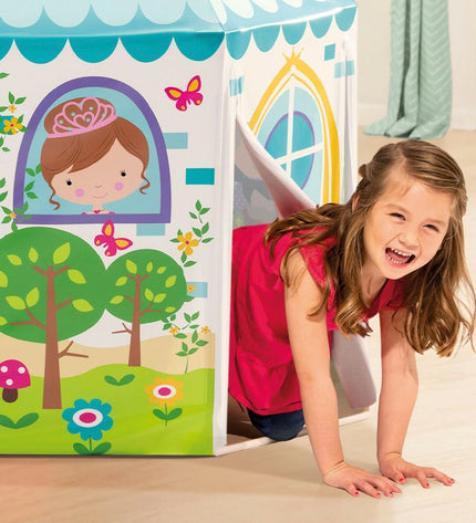 Intex princess-themed children's playhouse, 104x104x130 cm, with four pieces, suitable for outdoor fun and imaginative play.