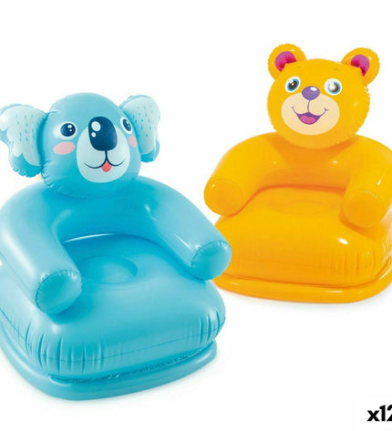 Inflatable Intex Happy Animal chair in bright colors, measuring 66 x 79 x 64 cm, suitable for kids' indoor and outdoor use.