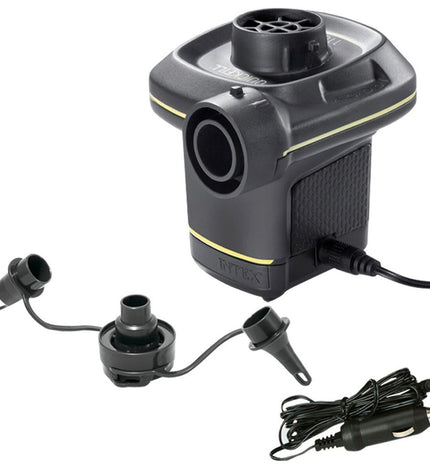 Intex Quick Fill electric air pump for camping and outdoor use, shown in a close-up with multiple nozzles and power cord.