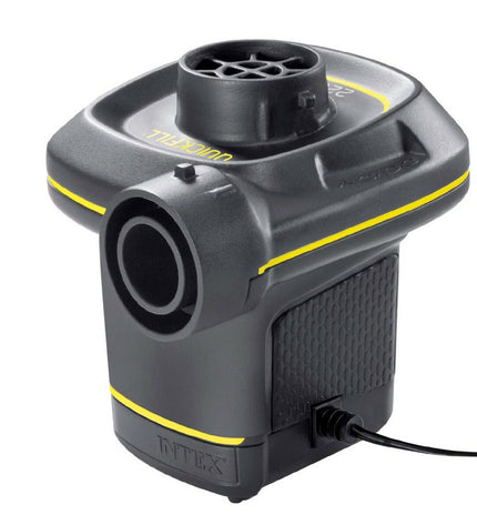 Six Intex Quick Fill electric air pumps for camping and outdoor use, compact and portable with 220-240V power.