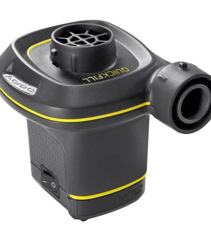 Six Intex Quick Fill electric air pumps for camping and outdoor activities, compact and suitable for inflating outdoor equipment.