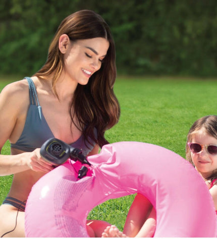 Six Intex Quick Fill electric air pumps for camping and outdoor use, displayed with various nozzle attachments.