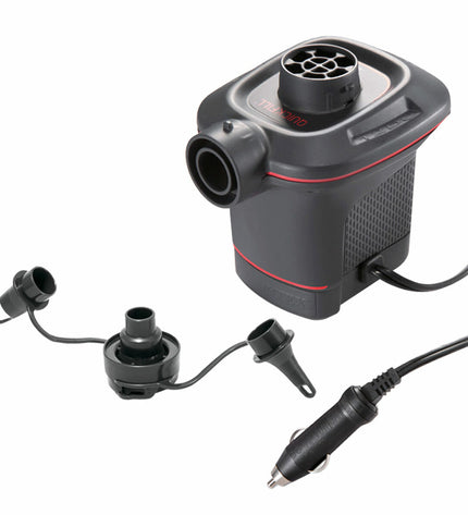 Six Intex Quick Fill 12V electric air pumps for outdoor camping and sports, shown in a set of six ready for use.