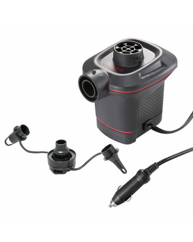 Six Intex Quick Fill 12V electric air pumps for outdoor camping and sports, shown in a set of six ready for use.