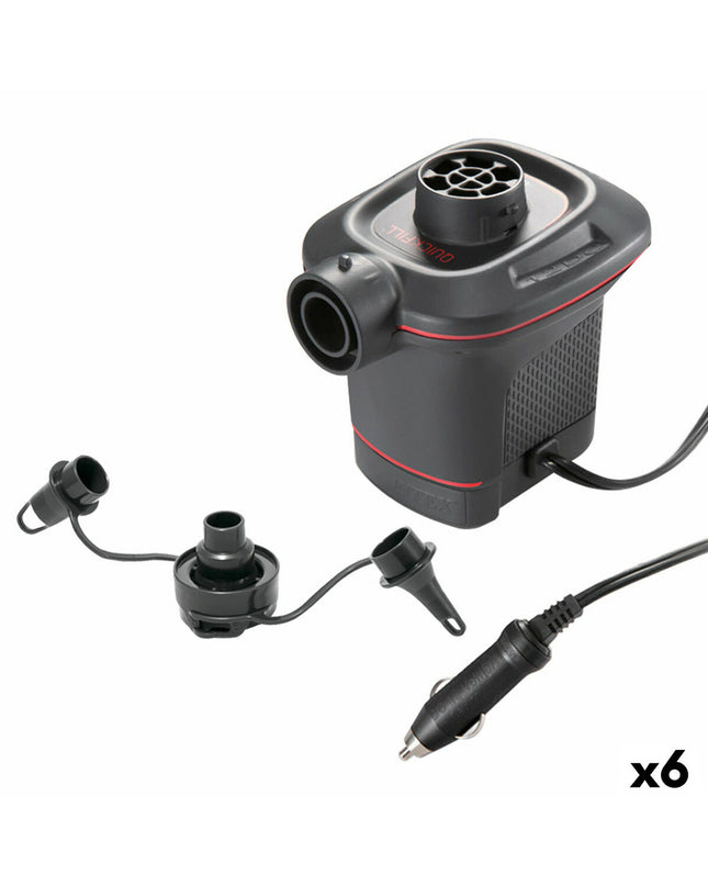 Set of six Intex electric air pumps, 12V portable inflators for camping and outdoor activities, compact and easy to use.