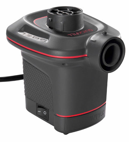 Six Intex Quick Fill 12V electric air pumps for camping and outdoor activities, shown in a set with compact design.
