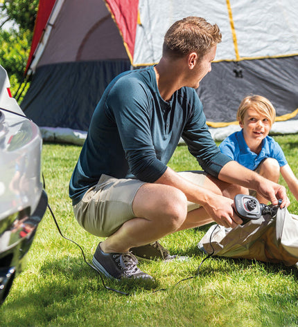 Set of six Intex Quick Fill 12V electric air pumps for camping and outdoor use, compact and portable for inflating outdoor gear.