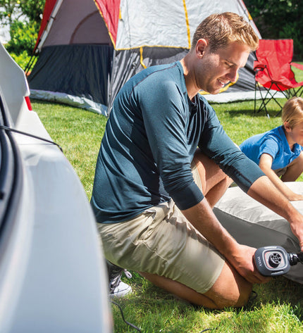 Six Intex Quick Fill 12V electric air pumps for camping and outdoor activities, shown ready for use.