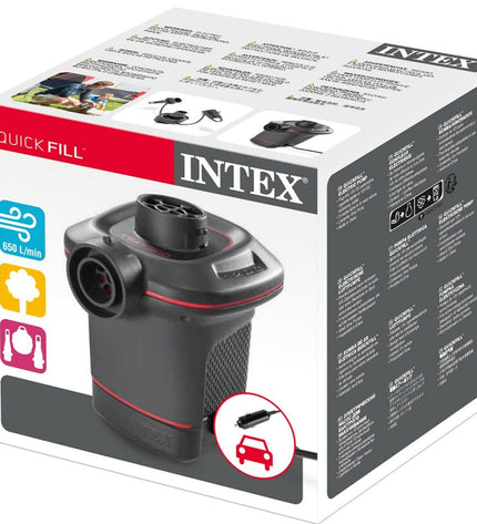 Six Intex Quick Fill 12V electric air pumps for camping and outdoor activities, shown in a close-up of the compact, portable device.