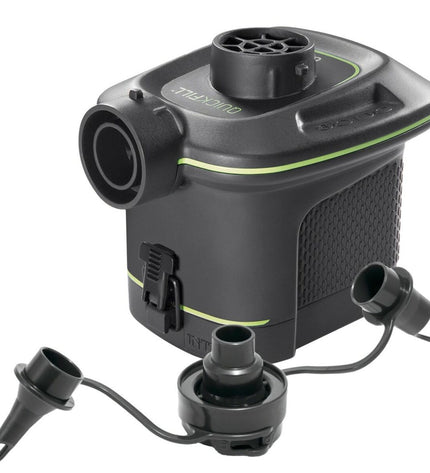 Two Intex Quick Fill electric air pumps for camping and outdoor activities, shown in black and compact design.