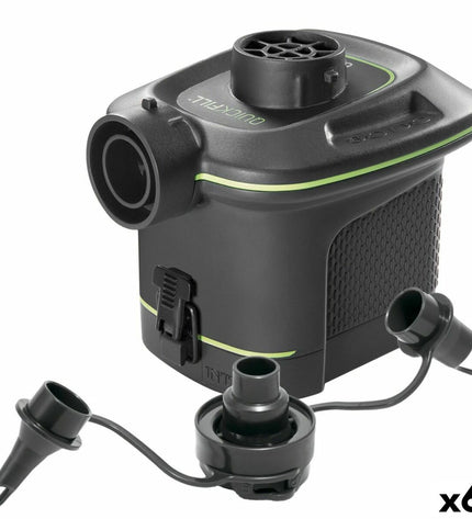 Six Intex Quick Fill electric air pumps for outdoor camping and sports, shown with compact design and power cords.