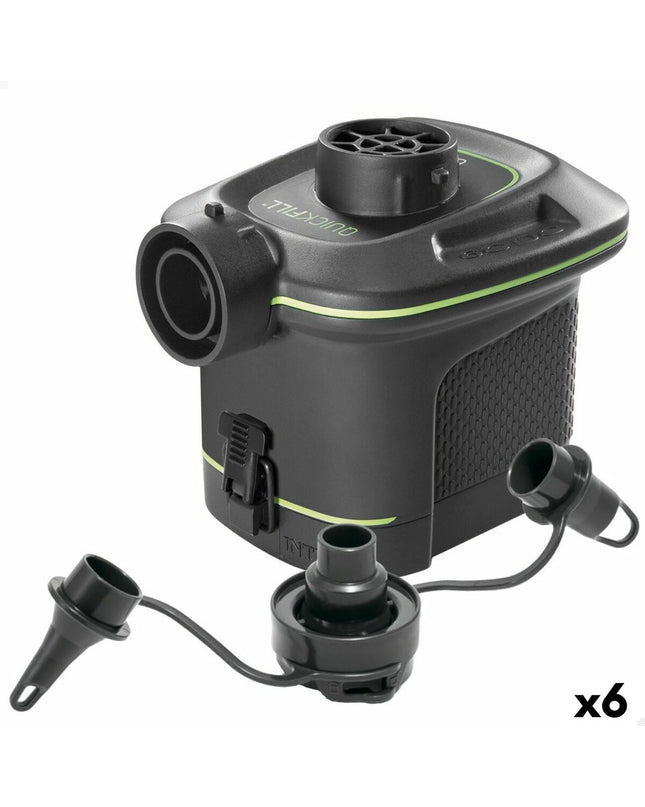 Six Intex Quick Fill electric air pumps for outdoor camping and sports, shown with compact design and power cords.