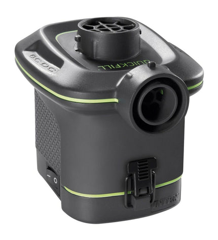Six Intex Quick Fill electric air pumps for camping and outdoor activities, compact and portable for inflating outdoor gear.