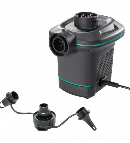Six Intex Quick Fill electric air pumps for outdoor camping, portable, reversible, 220-240V, suitable for sports and outdoor activities.