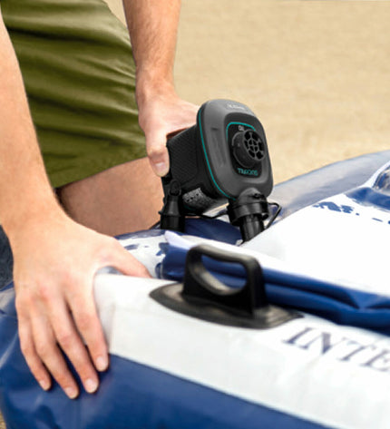 Six Intex Quick Fill electric air pumps for camping and outdoor activities, 220-240V, compact and versatile.