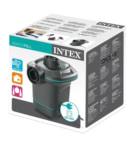 Six Intex Quick Fill electric air pumps for camping and outdoor use, 220-240V, reversible, compact design.
