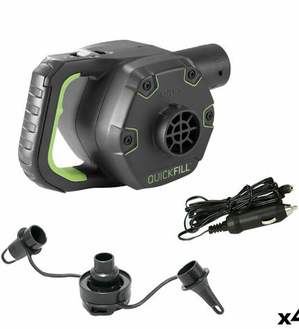 Intex Quick Fill rechargeable electric air pump for camping and outdoor use, shown with four compact air pumps.
