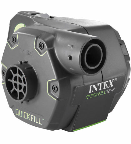 Intex Quick Fill rechargeable electric air pump for camping and outdoor use, showing the compact device with power cord.
