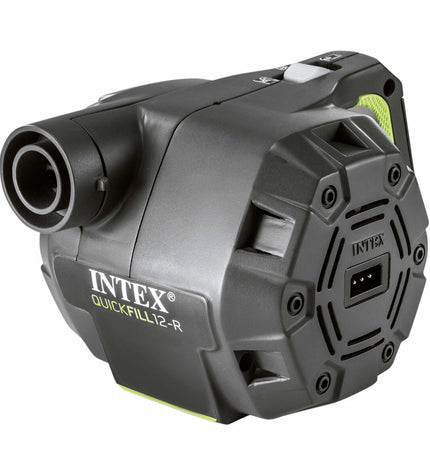 Intex Quick Fill rechargeable electric air pump for outdoor camping, shown with four nozzles and digital controls.