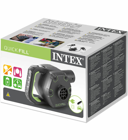 Intex Quick Fill rechargeable electric air pump with four nozzles, suitable for camping and outdoor sports.