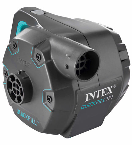 Intex Quick Fill electric air pump with four nozzles, compact outdoor air compressor for camping and sports activities.
