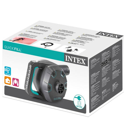 Intex Quick Fill electric air pump with four nozzles, designed for camping and outdoor activities, 220-240V power source.