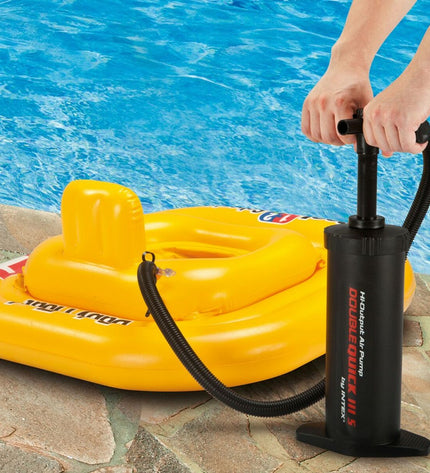 Set of three Intex Double Quick III inflatable air pumps for outdoor camping and sports, shown in a compact, portable design.