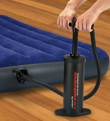 Three Intex Double Quick III inflatable air pumps for outdoor camping and sports, shown in a close-up image.