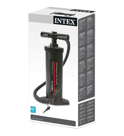 Intex Double Quick III inflatable air pumps, three compact electric air compressors for camping and outdoor sports, on white background.